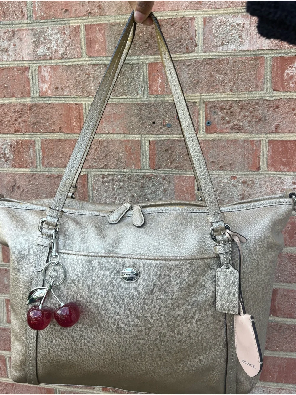 Coach Metallic Champagne Leather Shoulder Tote with Cherry Charm